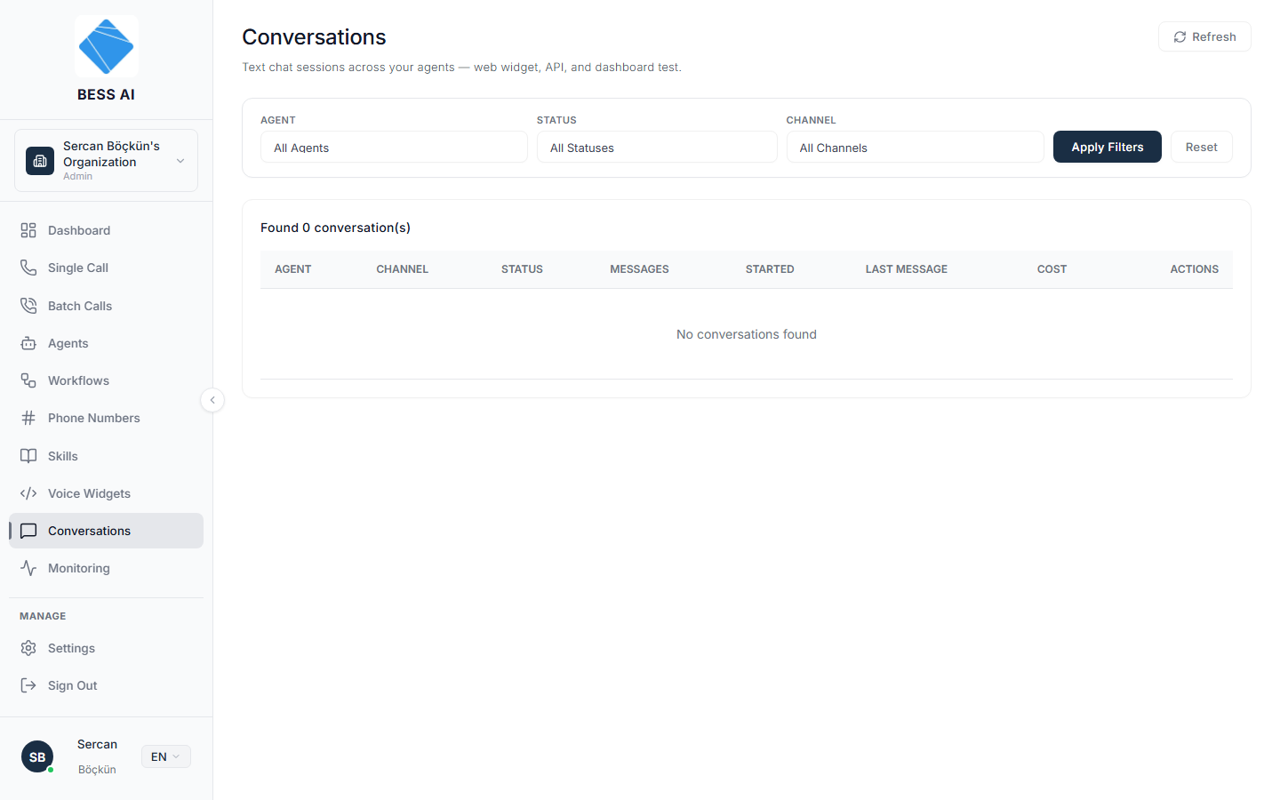 The Conversations page with filters and the sessions table