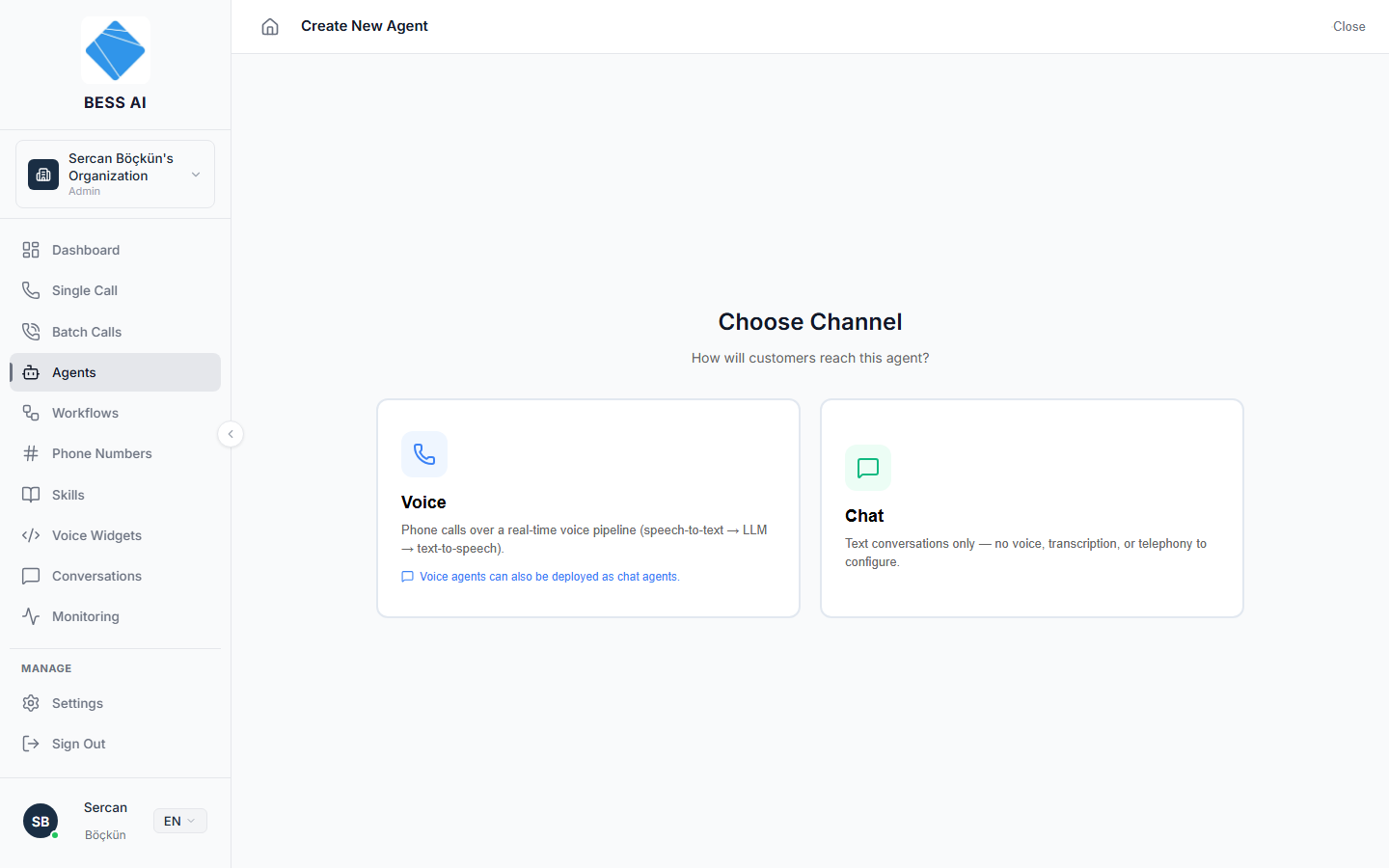 Step 1 of the wizard: choosing Voice or Chat