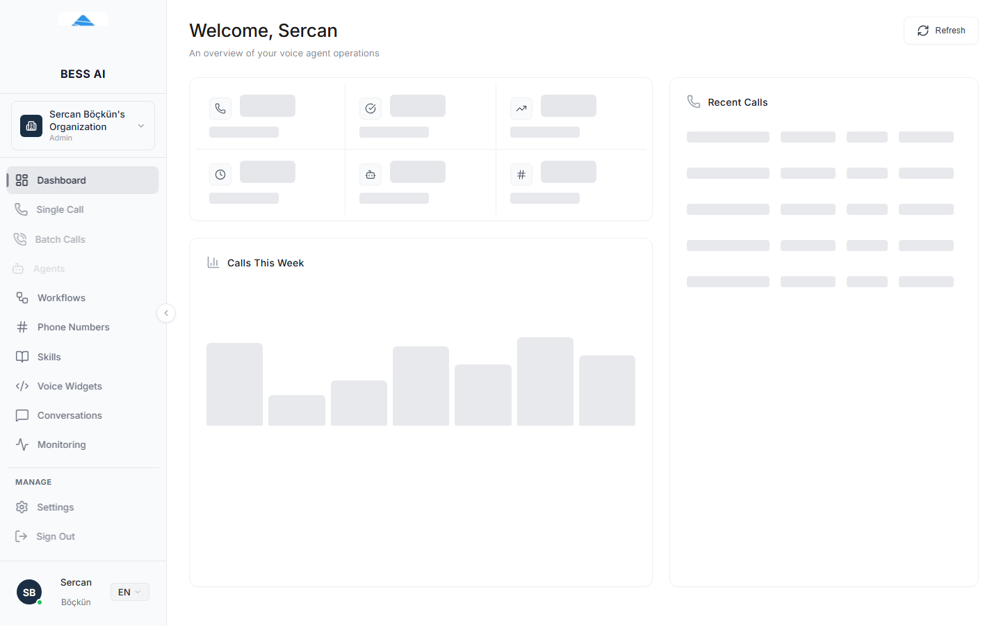 Full Dashboard view with the stat cards, the Calls This Week chart, and the Recent Calls panel