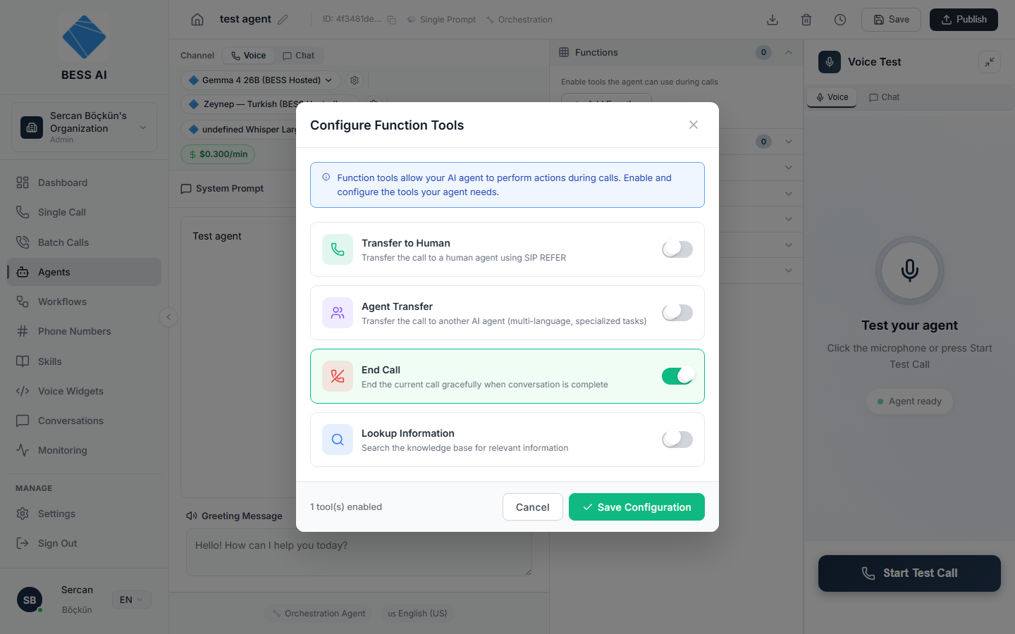 The Configure Function Tools modal with the built-in tools