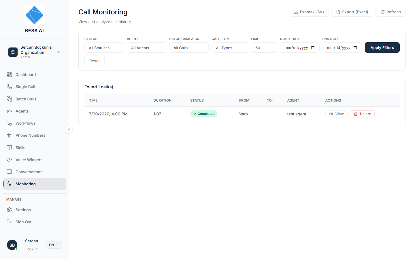 The Call Monitoring page with the filter bar and the call history table