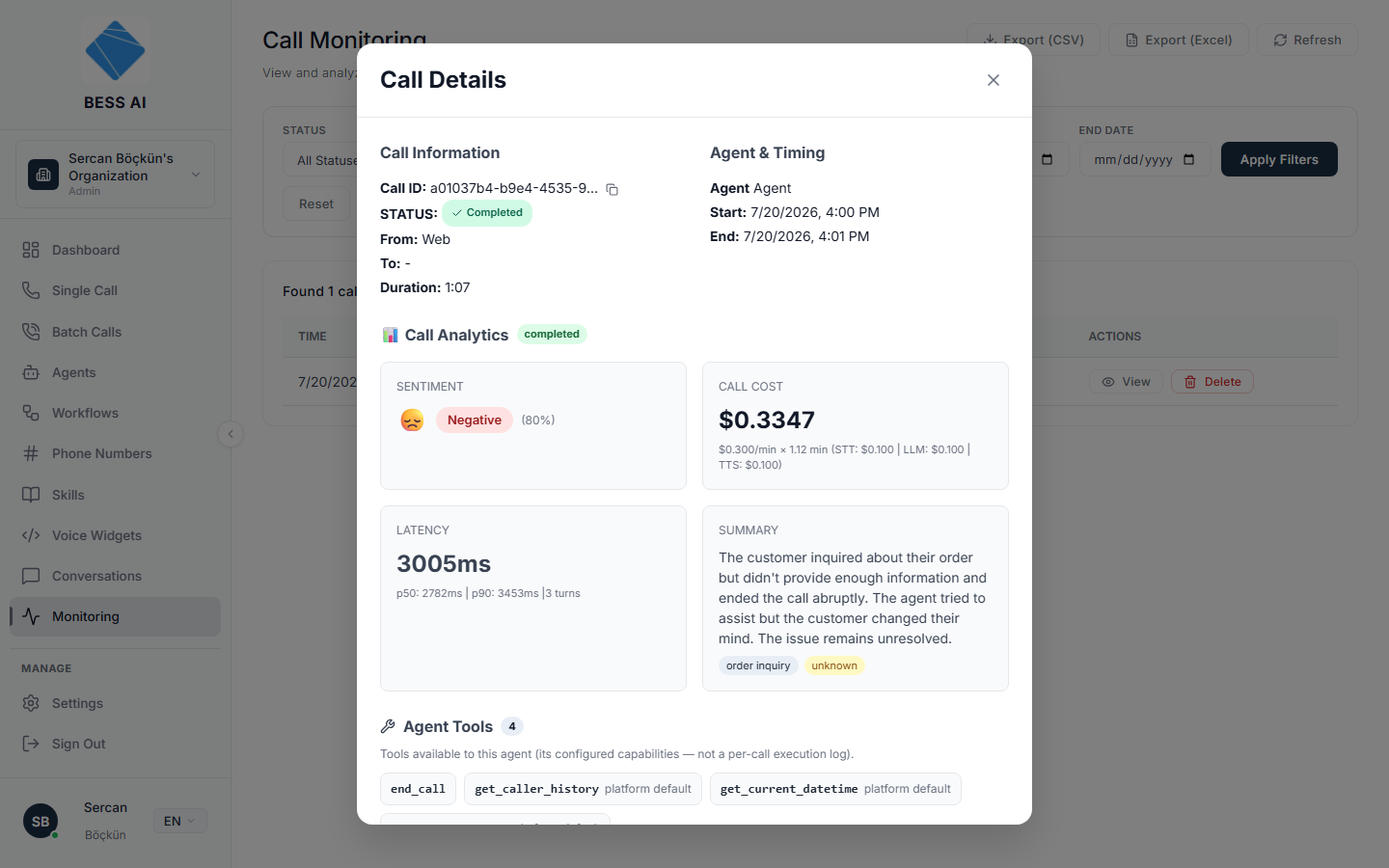 The Call Details modal with analytics, transcript, and the recording player