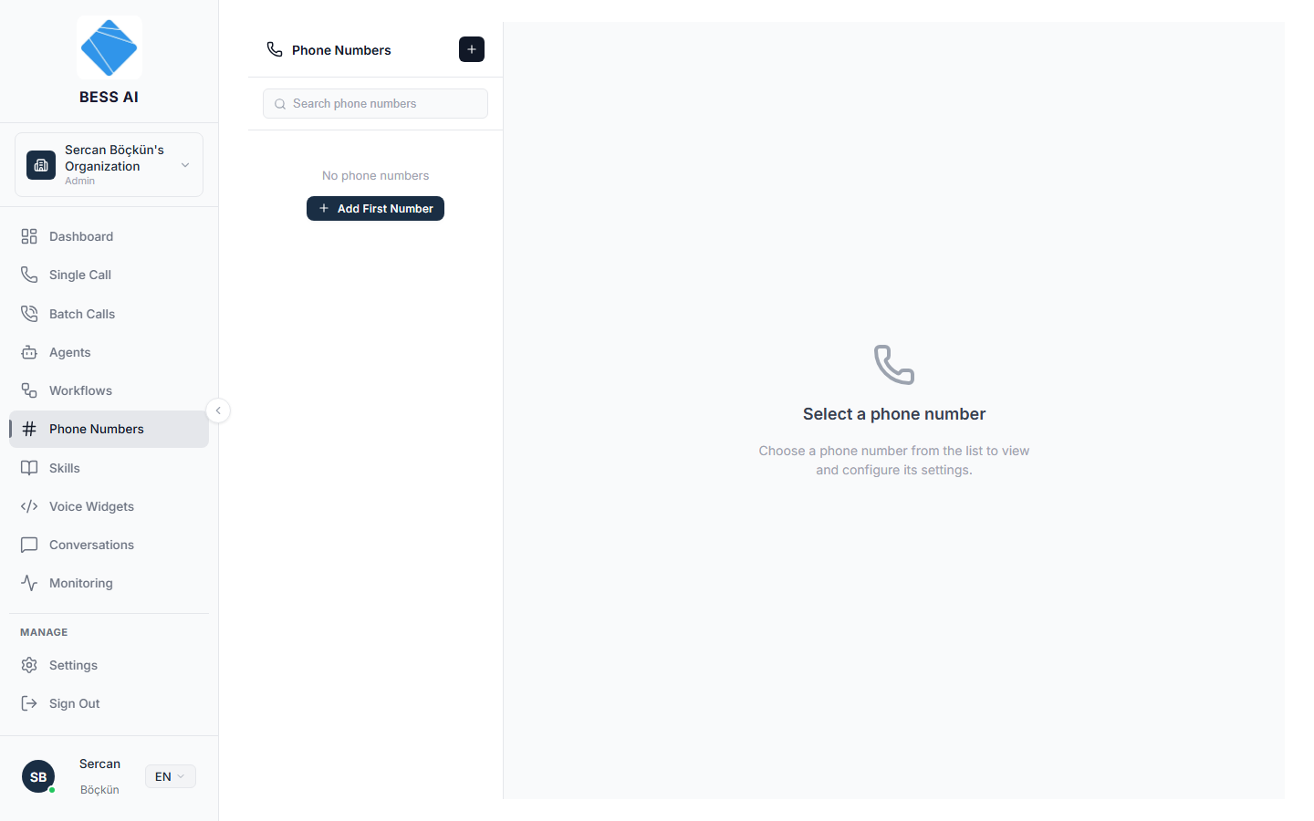 The two-pane Phone Numbers page with the list on the left and the detail panel on the right