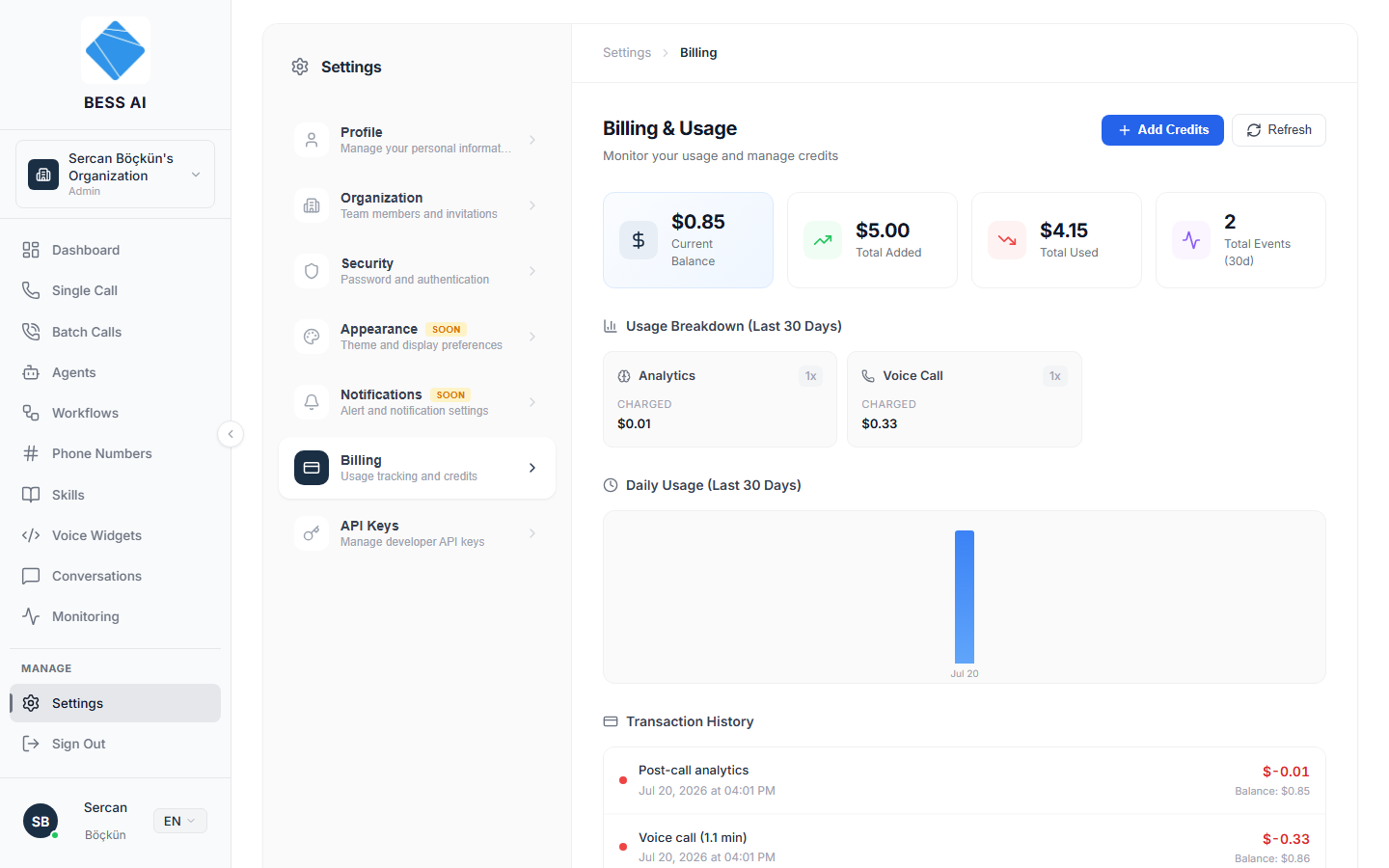 The Billing and Usage section with balance cards and the Add Credits button