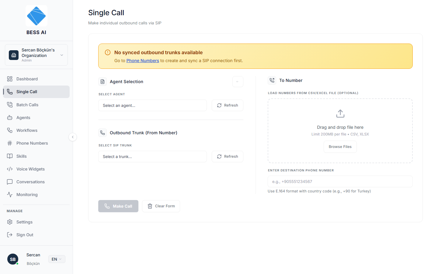The Single Call page with agent and trunk selection on the left and the To Number panel on the right