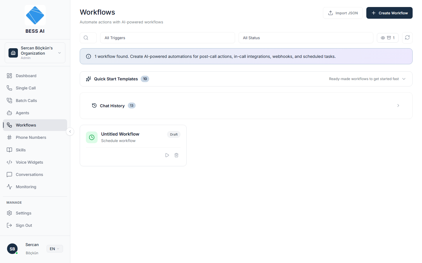 The Workflows page with search, filters, and workflow cards