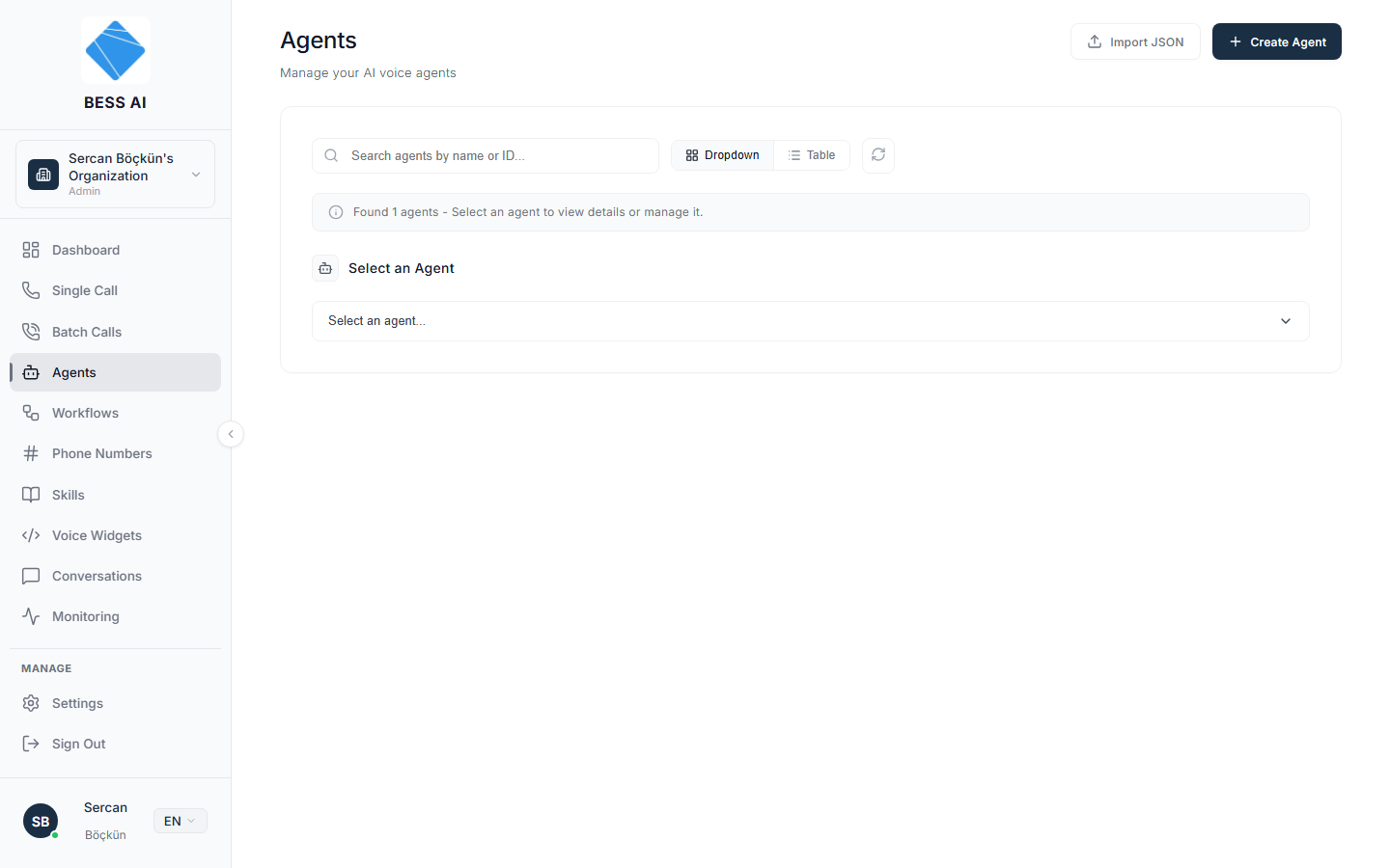 The Agents page in Table view, with the search box and view toggle