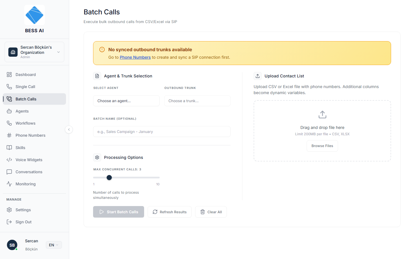 The Batch Calls page with agent and trunk selection, processing options, and the upload dropzone