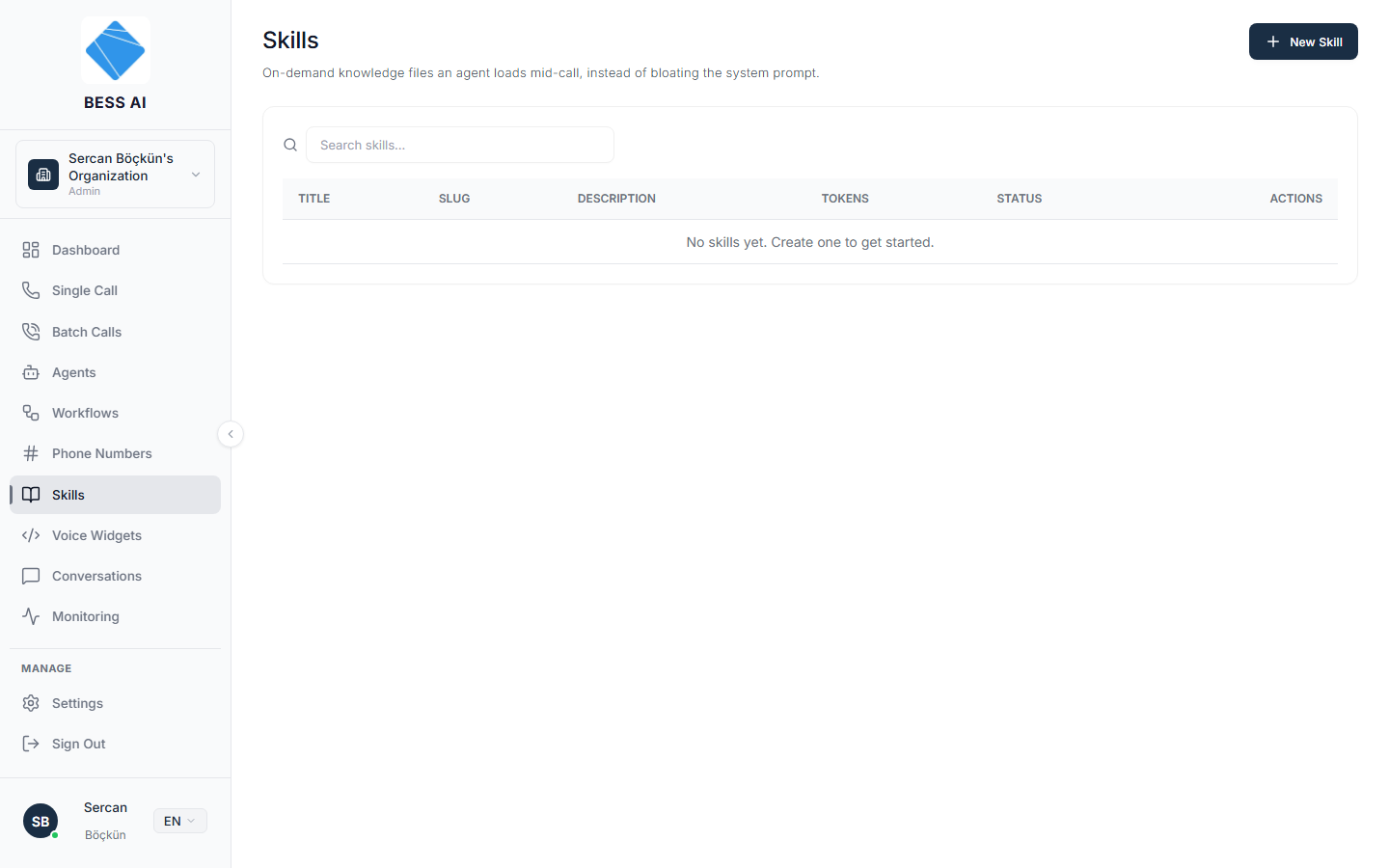 The Skills page with the search box and the skills table