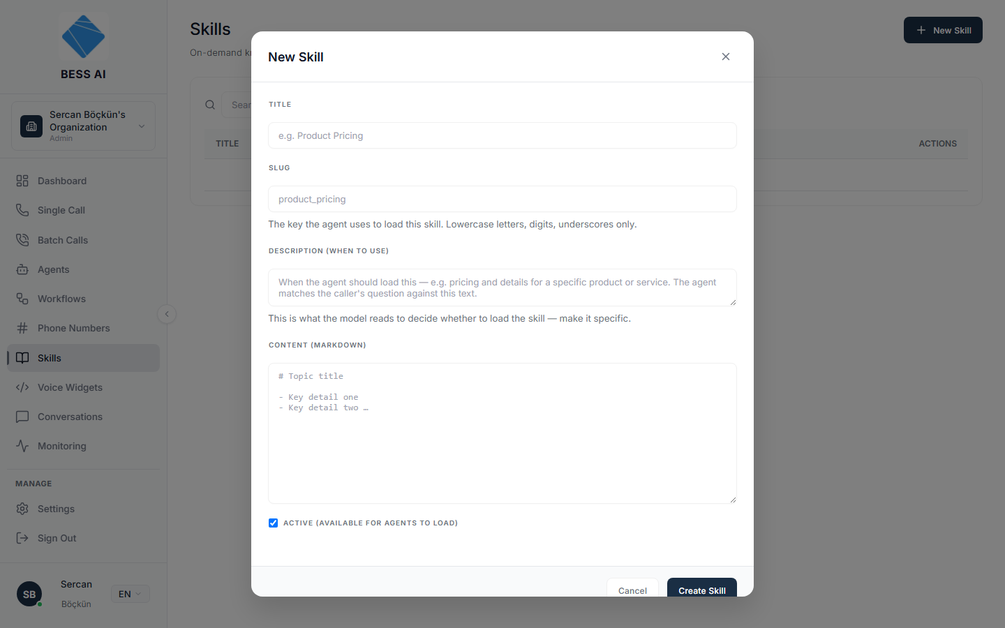 The create modal with Title, Slug, Description, Content, and the Active checkbox